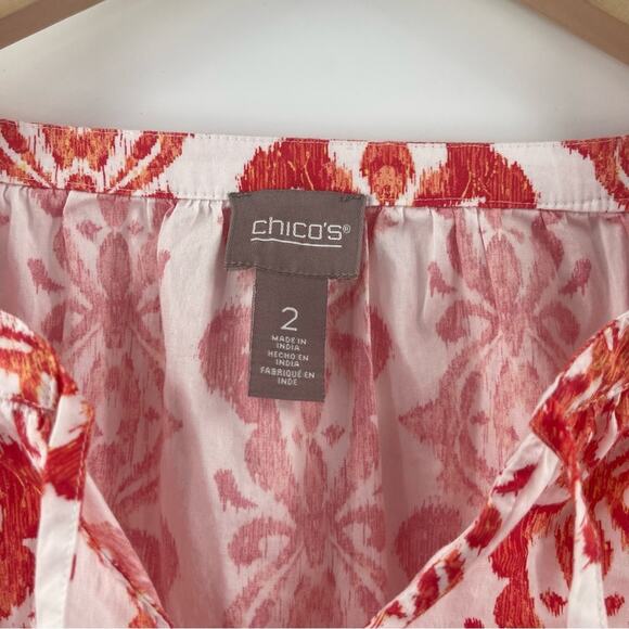 CHICO’S Tunic Size Large Contrast Medallion Feminine Popover Top Stretch Cotton - Picture 4 of 15